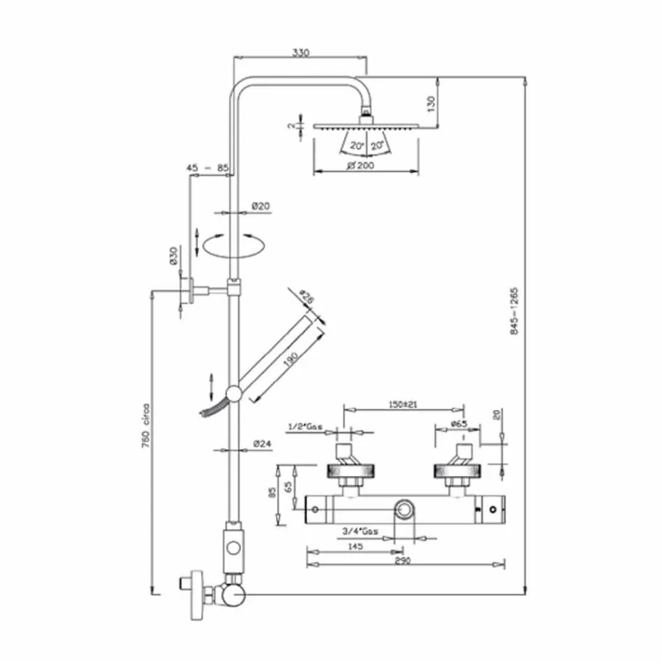 Sprchový sloup z chromované mosazi se čtvercovou sprchovou hlavicí Made in Italy - Studio Viadurini