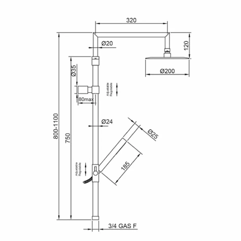 Sprchový sloup z chromované mosazi s ultralehkou sprchovou hlavicí vyrobené v Itálii - Primo Viadurini