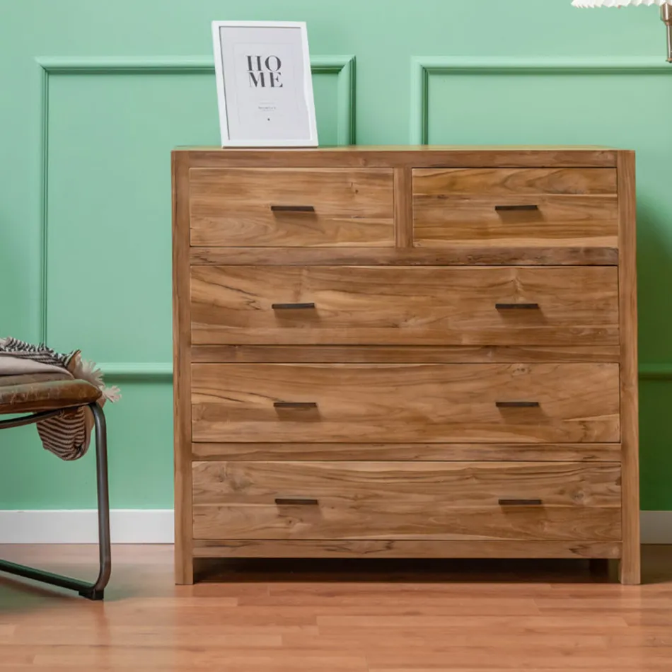 Komoda z masivního teakového dřeva s 5 zásuvkami - Tang Viadurini