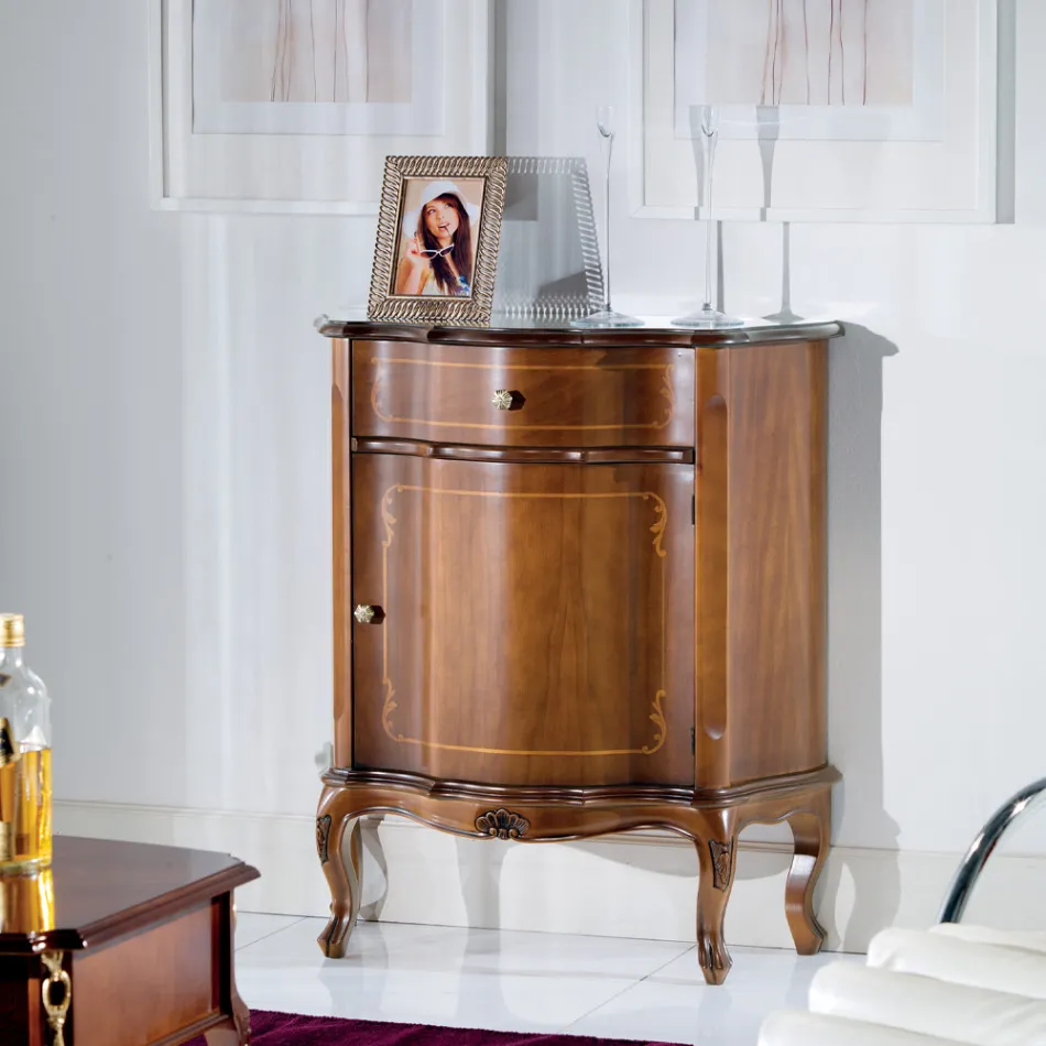 Klasický noční stolek vykládaný dřevěnými dvířky a zásuvkou Made in Italy - Leonor Viadurini