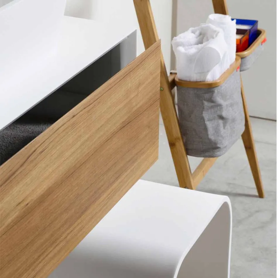 Složení 3 Koupelnový nábytek z teakového dřeva a Hi Macs® - mastek Viadurini