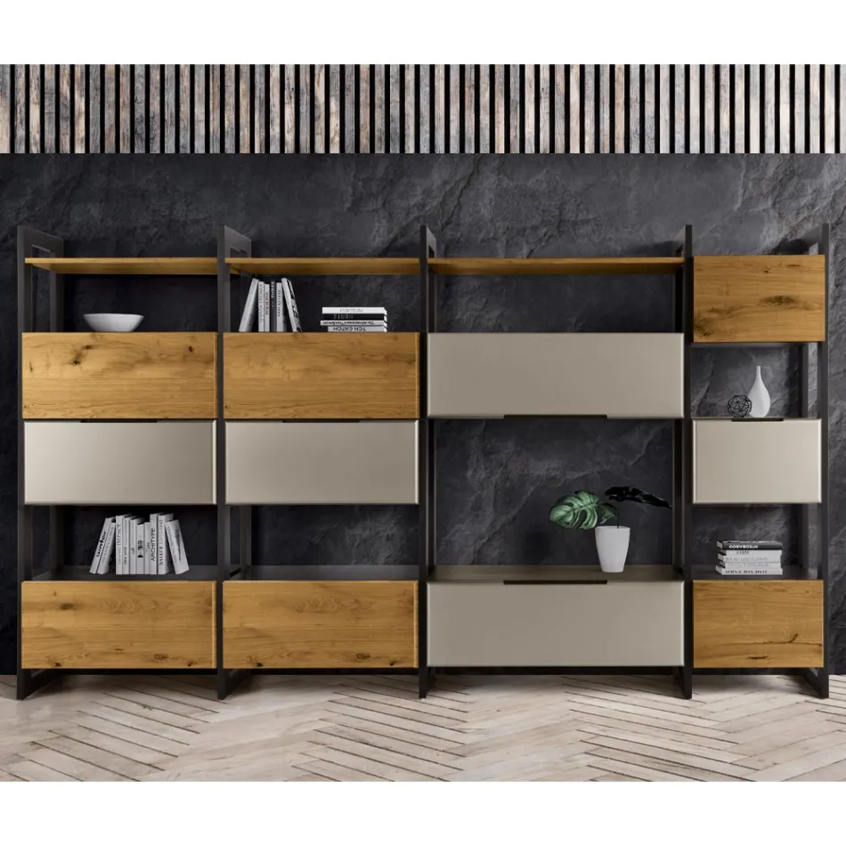 Kompozice stěny v Mdf a dubové laťovce Made in Italy - Marit Viadurini