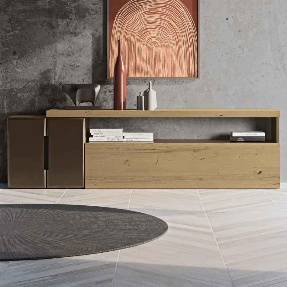 Moderní nástěnná kompozice v provedení severský vázaný dub a železná povrchová úprava - Siri Viadurini