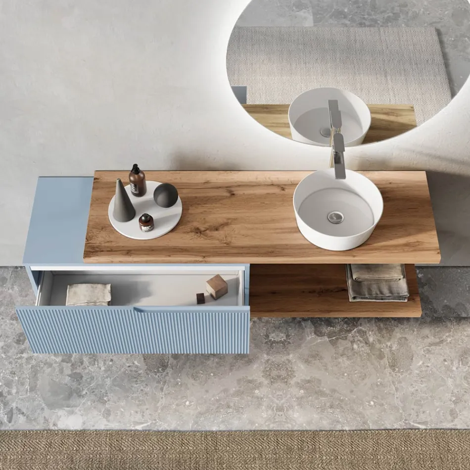 Koupelnová kompozice Tiffany modrá a dub se zrcadlem Made in Italy - Ermes Viadurini