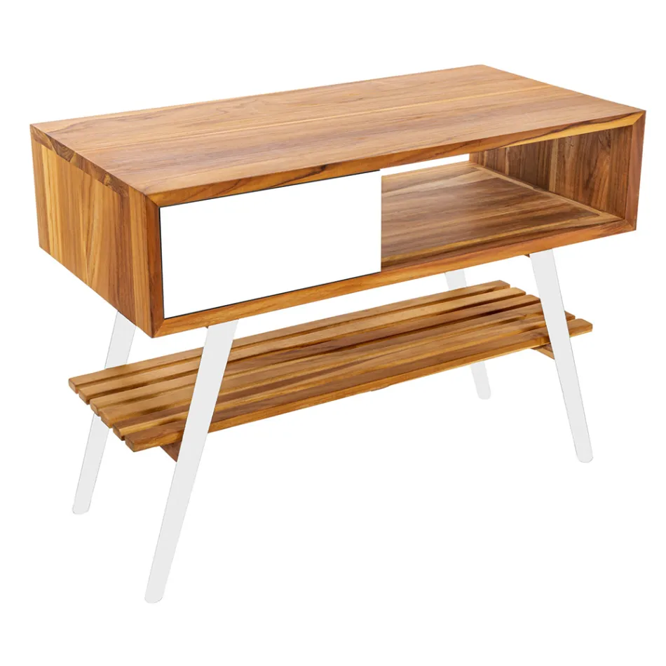 Bílá kompozice do koupelny se skříňkou, zrcadlem a doplňky - Sylviane Viadurini