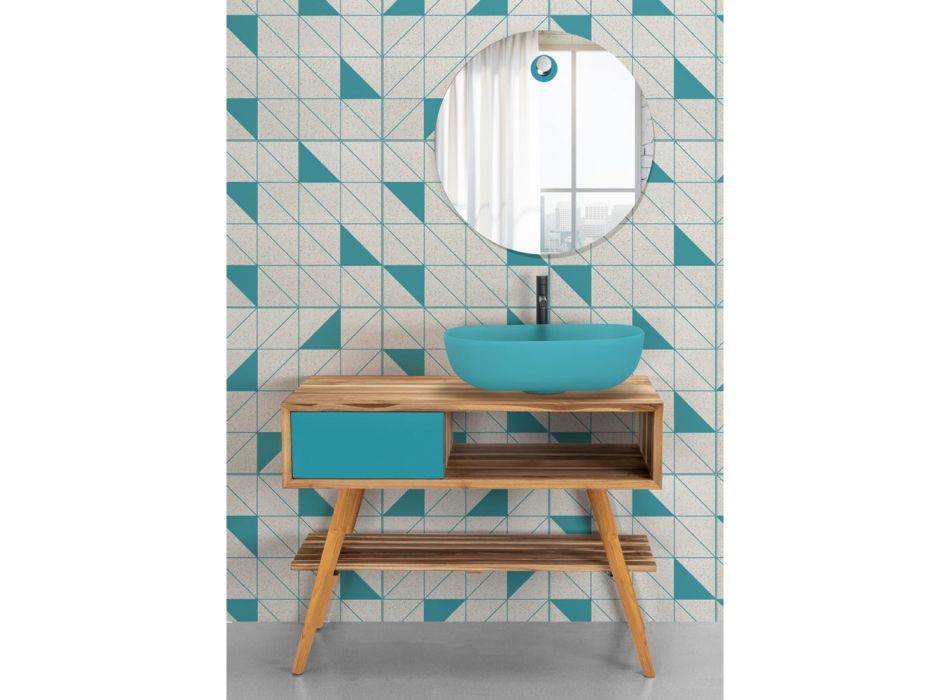Modrá kompozice koupelny s teakovou podlahovou skříňkou a doplňky - Sylviane Viadurini