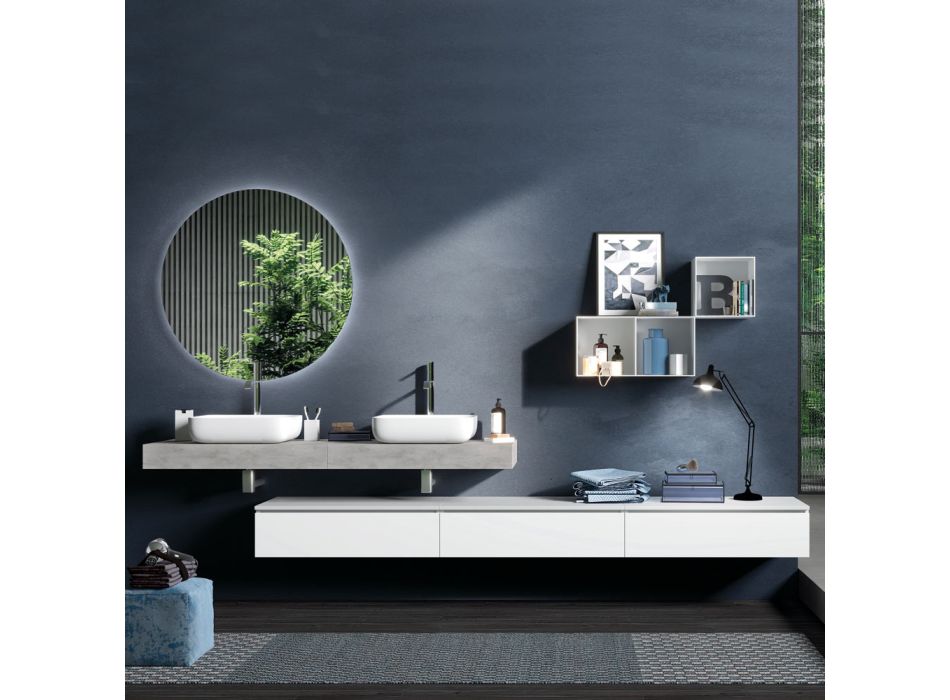 Betonová barva a matná bílá kompozice koupelny s umyvadlem, zrcadlem a podstavcem - Palom Viadurini