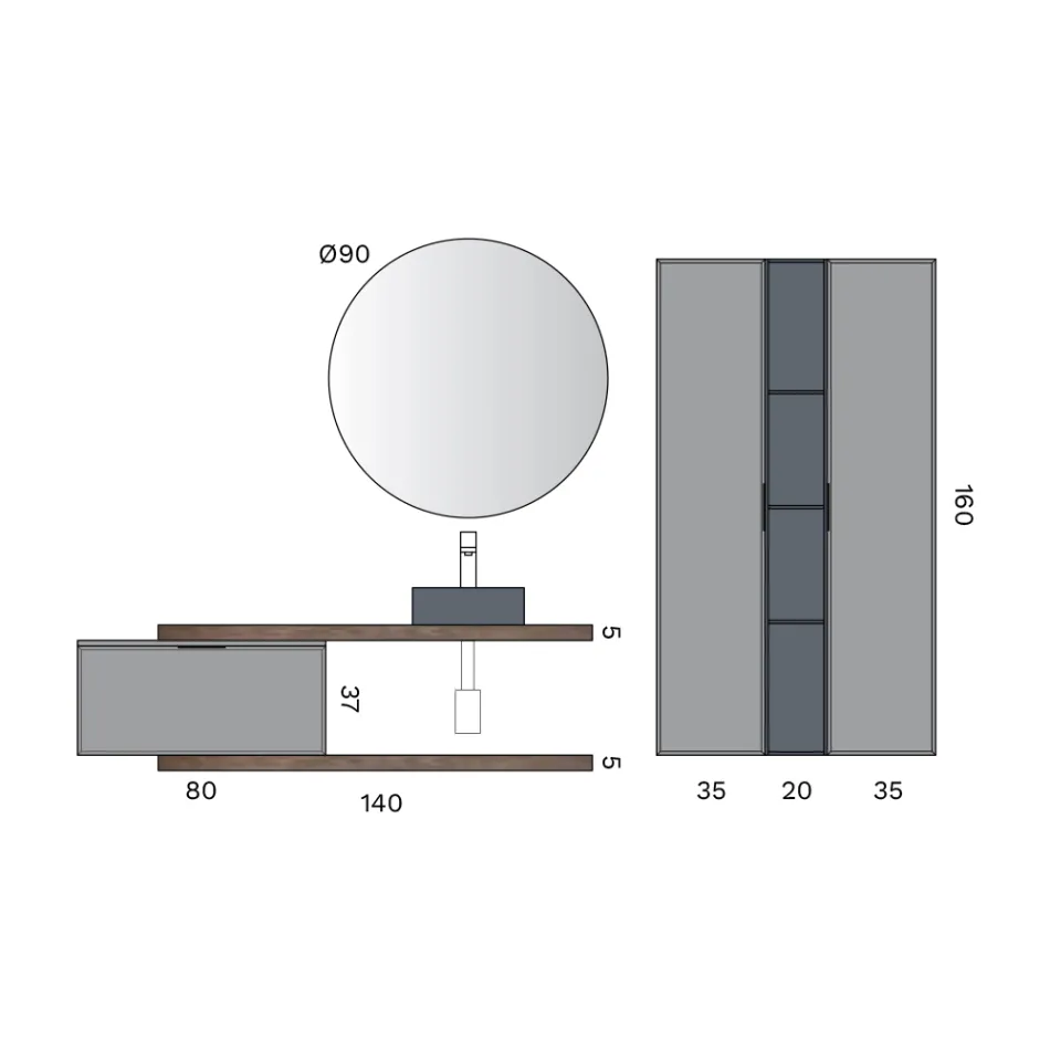 Koupelnová sestava včetně 1 podstavce s 1 zásuvkou, umyvadlem a 2 sloupy - Orione Viadurini