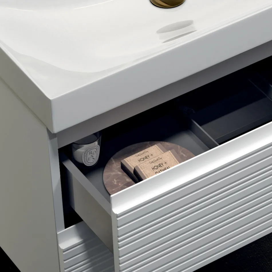 Koupelnová sestava se 2 matně bílými zásuvkami, umyvadlem a zrcadlem - Elios Viadurini