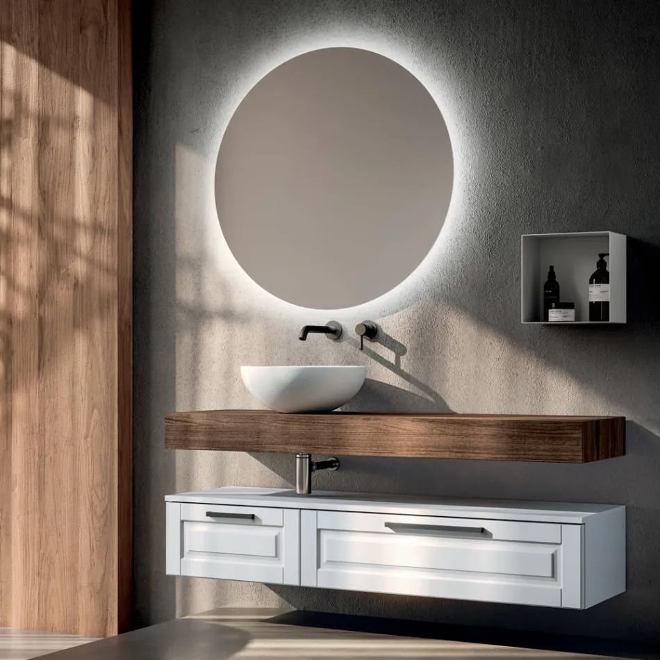 Koupelnová sestava se 2 zásuvkami, zrcadlem a bílým pryskyřičným umyvadlem - Magnolia Viadurini