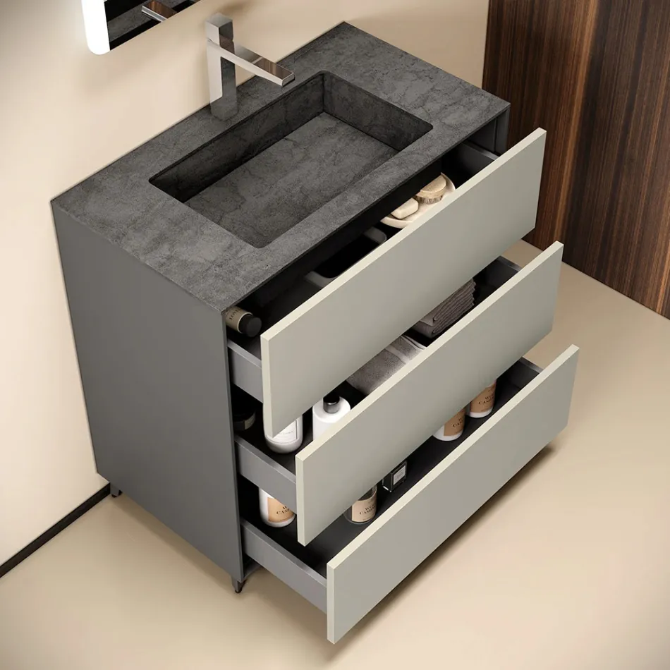 Koupelnová sestava se 3 matně holubě šedými zásuvkami, zrcadlem a umyvadlem - Velaria Viadurini