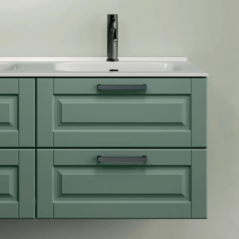 Koupelnová kompozice se 4 šalvějově zelenými zásuvkami, zrcadlem a umyvadly - Magnolia Viadurini