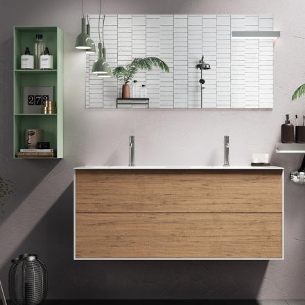 Koupelnová kompozice s medovým dubovým základem, umyvadlem a zrcadlem Made in Italy - Kilo Viadurini