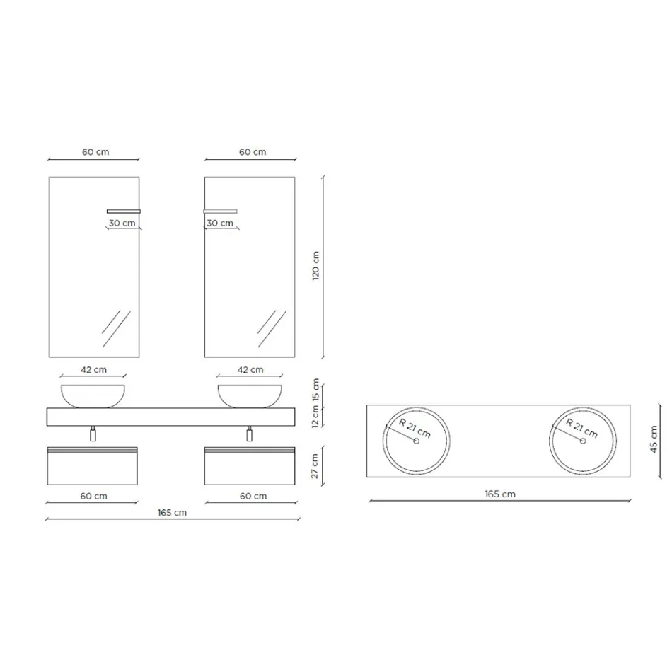 Koupelnové složení s podstavcem proti poškrábání a pryskyřičnými umyvadly Made in Italy - Palom Viadurini
