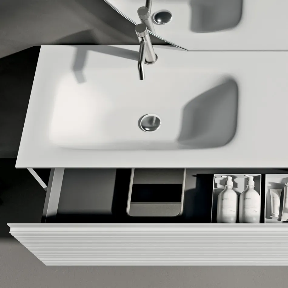 Koupelnová sestava se zásuvkami, keramickým umyvadlem a LED zrcadlem - Elios Viadurini