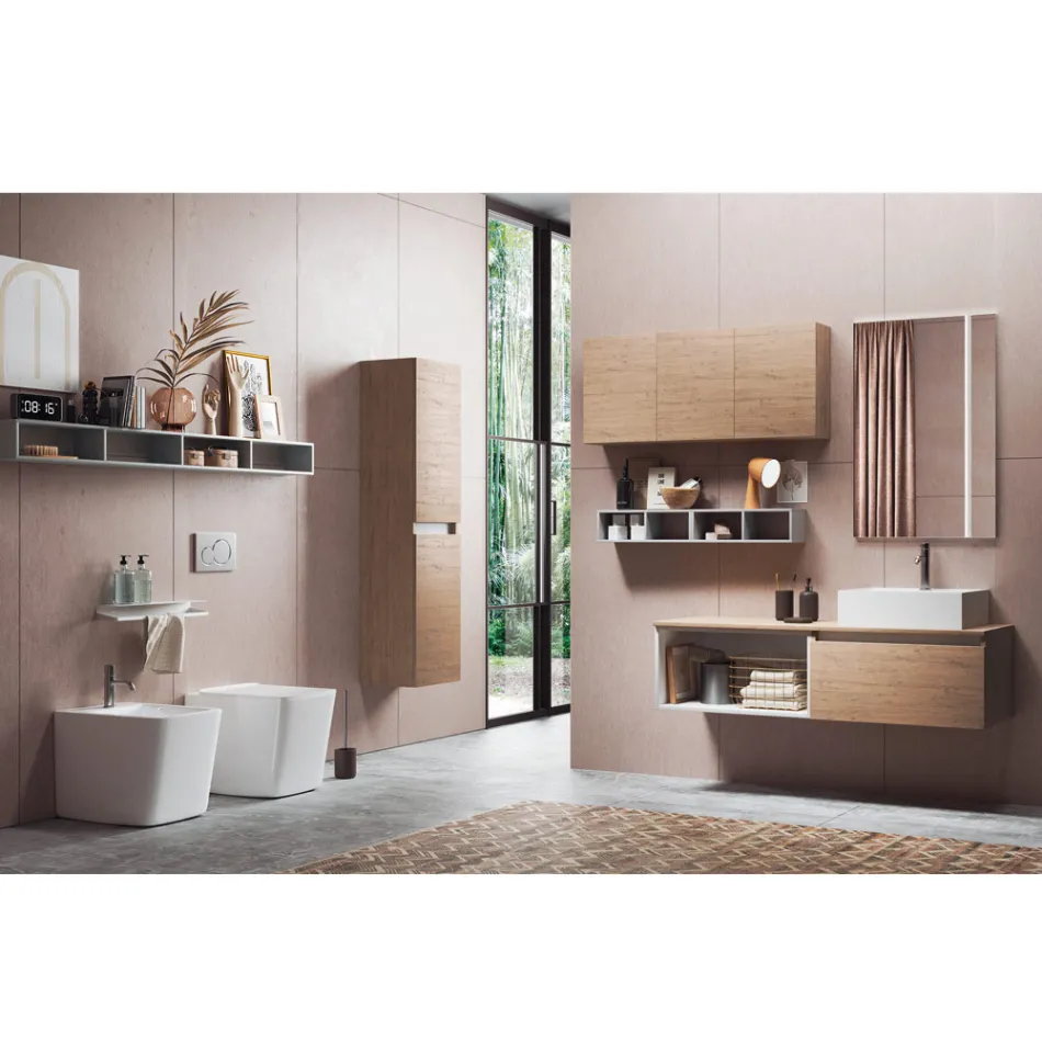 Koupelnová kompozice se zrcadlem s integrovanou lampou, umyvadlem a podstavcem - sen Viadurini