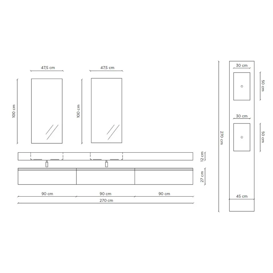 Dvojité složení koupelny s obdélníkovým zrcadlem a umyvadlem Made in Italy - Palom Viadurini