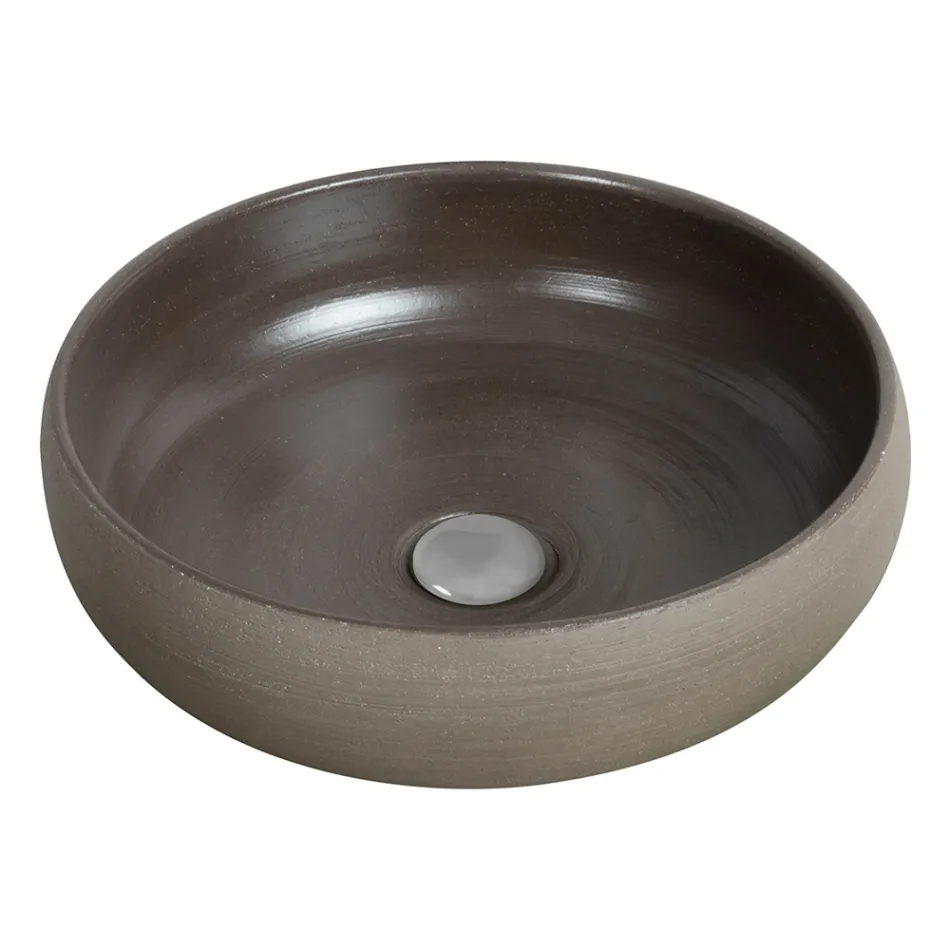 Šedá kompozice koupelny s kulatým zrcadlem a různými doplňky - Maryse Viadurini