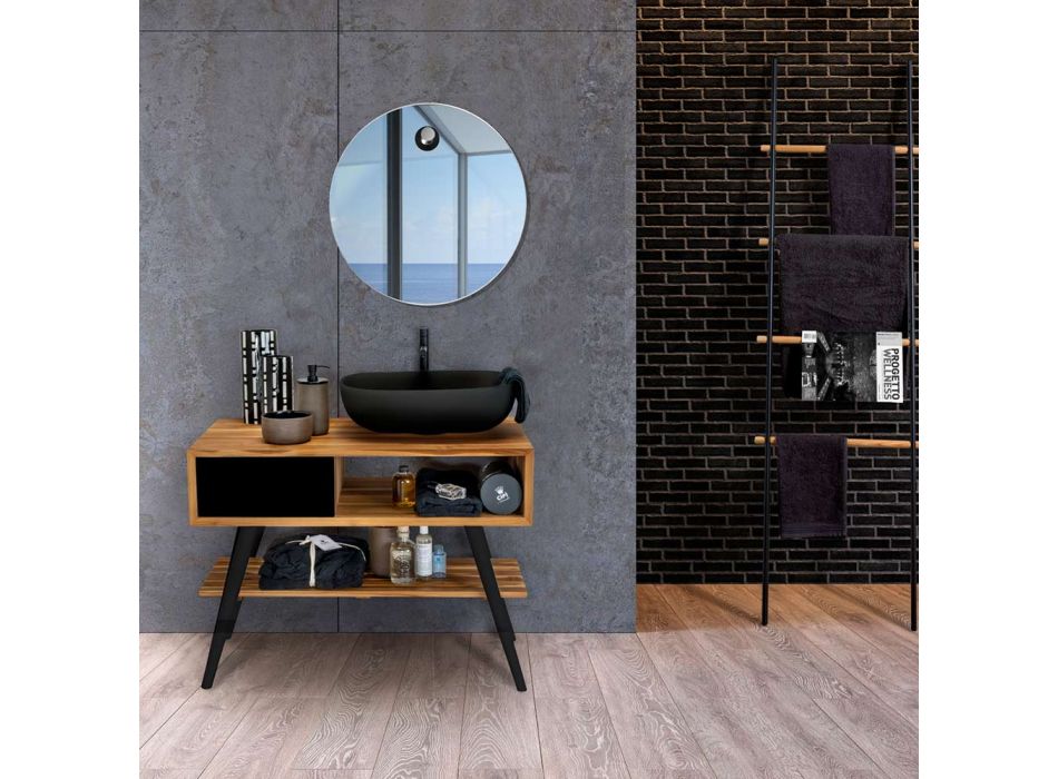Černá kompozice koupelny s teakovou skříňkou a kvalitními doplňky - Sylviane Viadurini