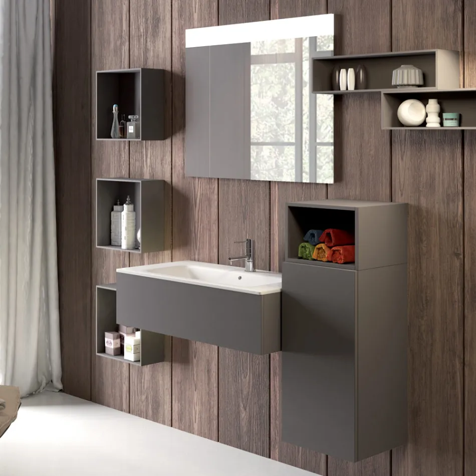 Závěsná koupelnová kompozice v kouřově šedém fenix vyrobeném v Itálii, Neapoli Viadurini