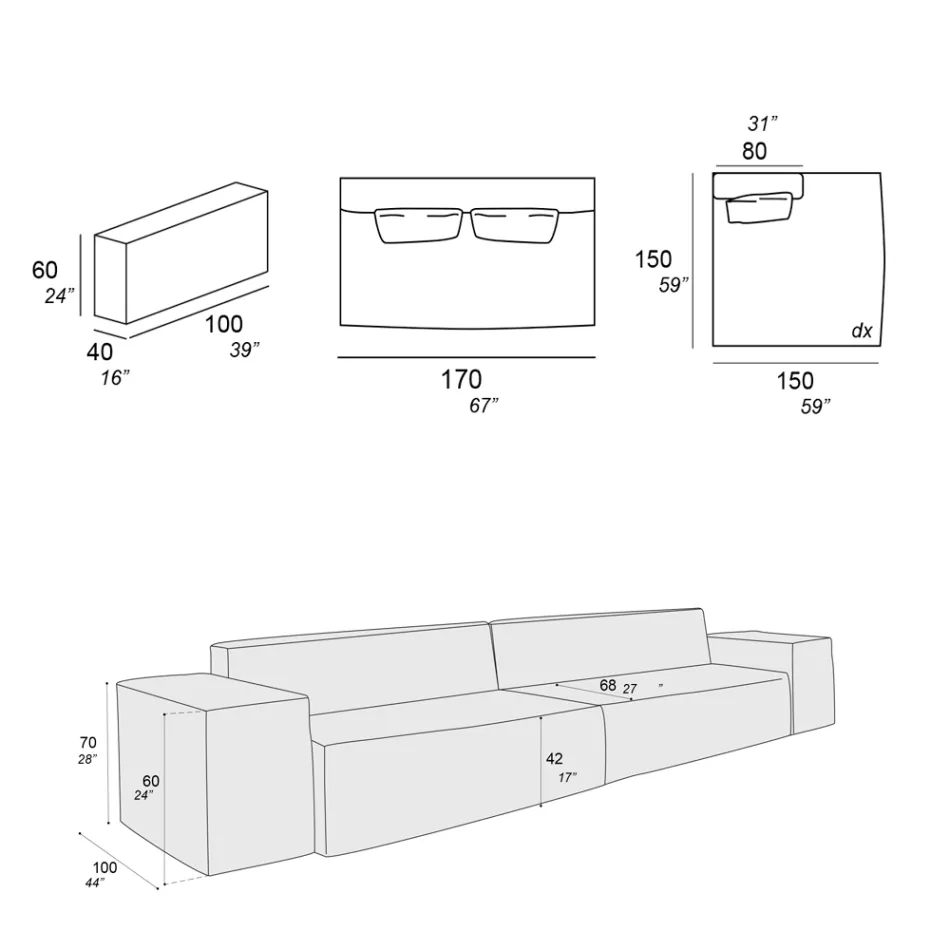 Složení 1 pohovky, 1 loketní opěrky a 1 poloostrova - Bizarní Viadurini