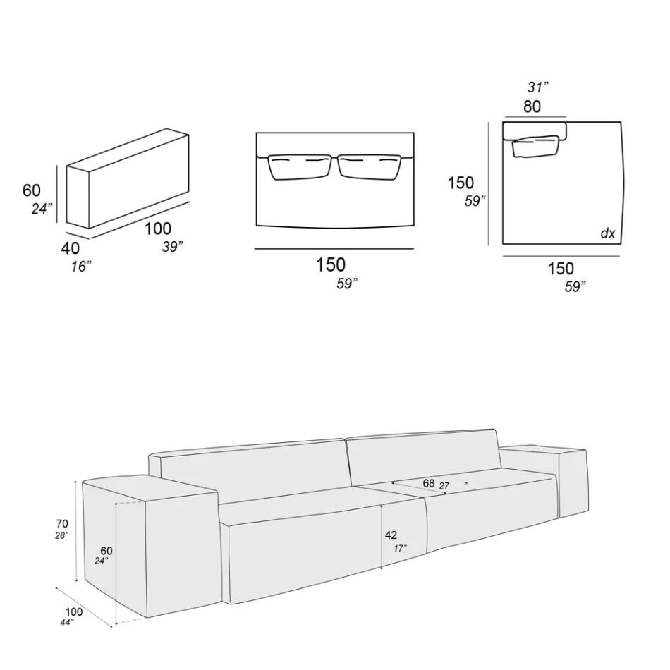 Složení 1 pohovky, 1 loketní opěrky a 1 poloostrova - Bizarní Viadurini