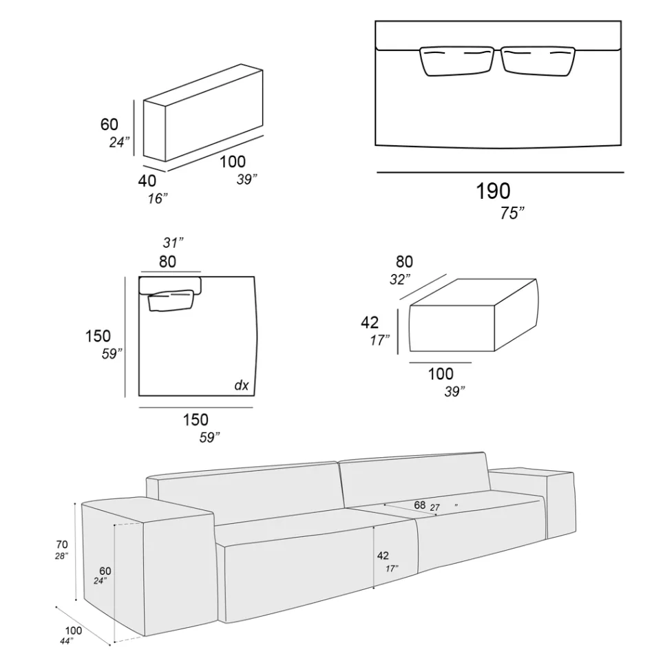 Složení 1 pufu s opěradlem, 1 pufu a 1 poloostrova - Bizarní Viadurini