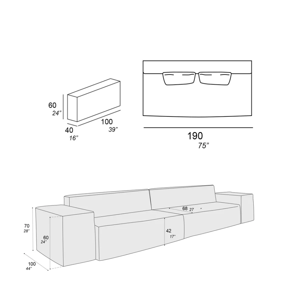 Složení 2 pohovek s opěradlem a 2 područkami - Bizarní Viadurini