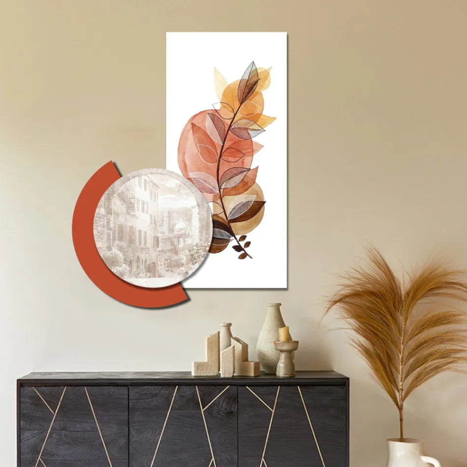 Kompozice dřevěných obrazů s potisky měst a větví Made in Italy - Chile Viadurini