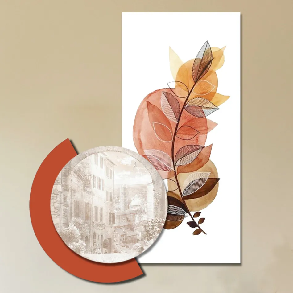 Kompozice dřevěných obrazů s potisky měst a větví Made in Italy - Chile Viadurini