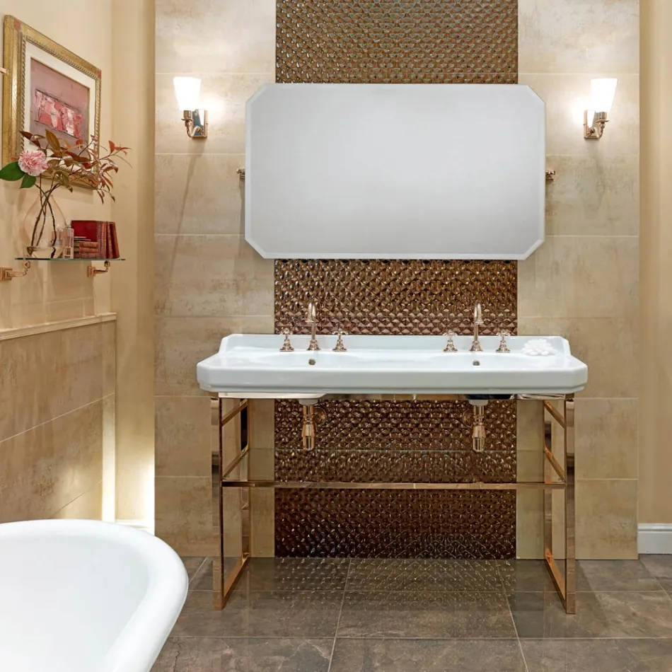 Koupelnová konzole L 135 cm s dvojitou miskou v keramice s nohama - Nausica Viadurini