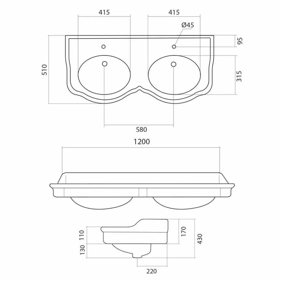 Klasická dvoulůžková koupelnová konzole vyrobená v Itálii, Magda Viadurini