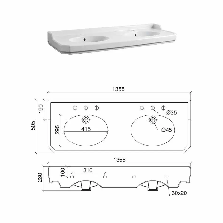 Koupelnová konzole L 135 cm s dvojitou miskou v keramice Vyrobeno v Itálii - Nausica Viadurini