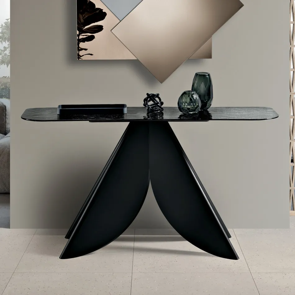 Konzolový stolek do obývacího pokoje z kovu s tepaným skleněným povrchem se stříbrným podkladem - Cristina Viadurini