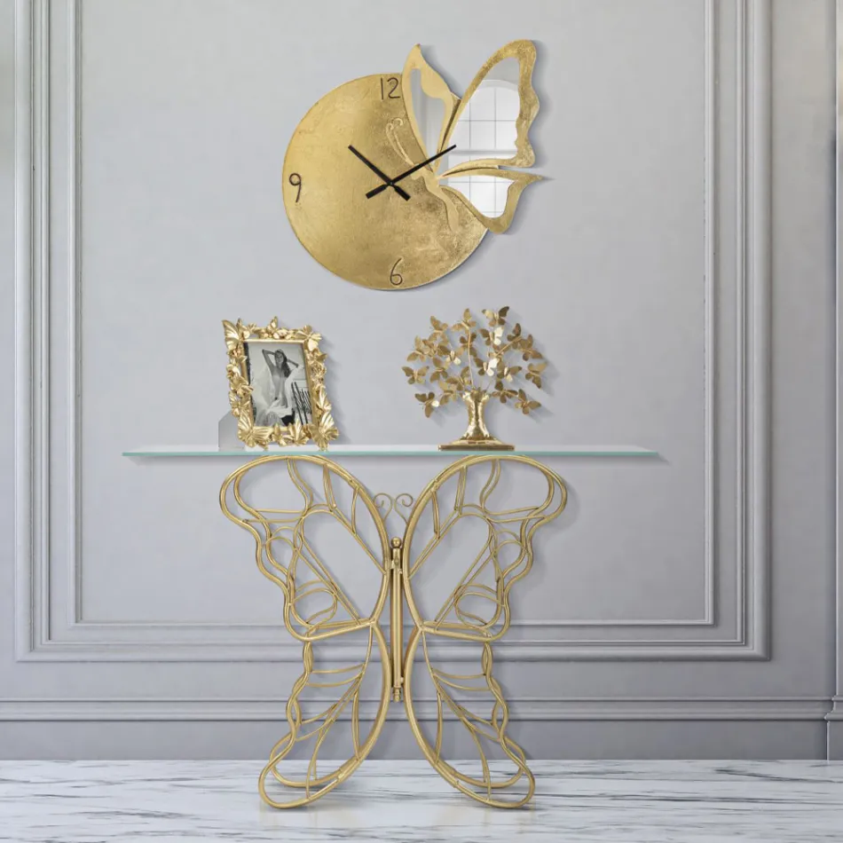 Zlatá povrchová úprava železná konzola s průhlednou skleněnou deskou - Farella Viadurini