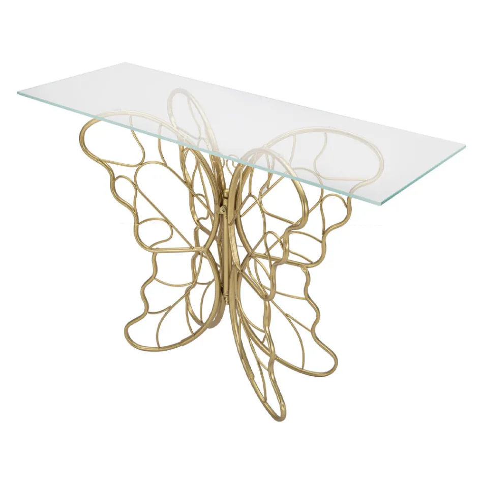 Zlatá povrchová úprava železná konzola s průhlednou skleněnou deskou - Farella Viadurini