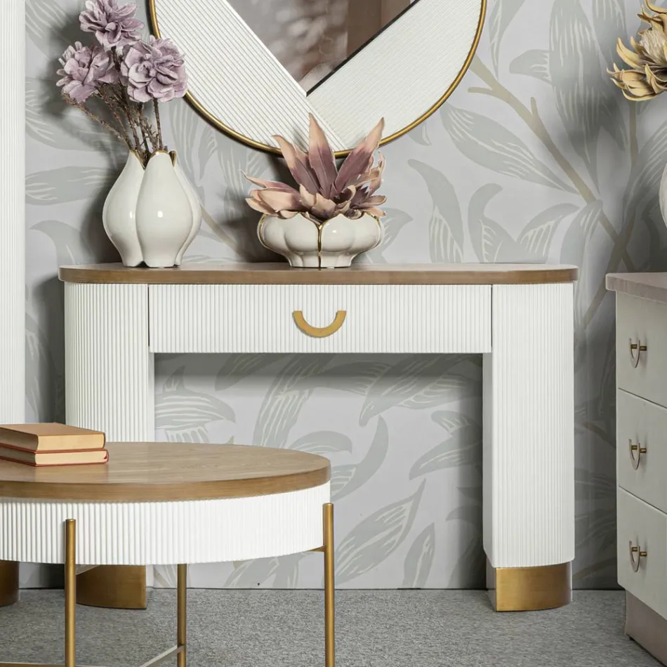 Dřevěná konzole s deskou a vložkami se zaobleným designem a zásuvkou - Rachel Viadurini