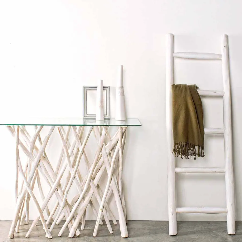 Consolle z běleného teakového dřeva a luxusní designové skleněné desky - Francesca Viadurini