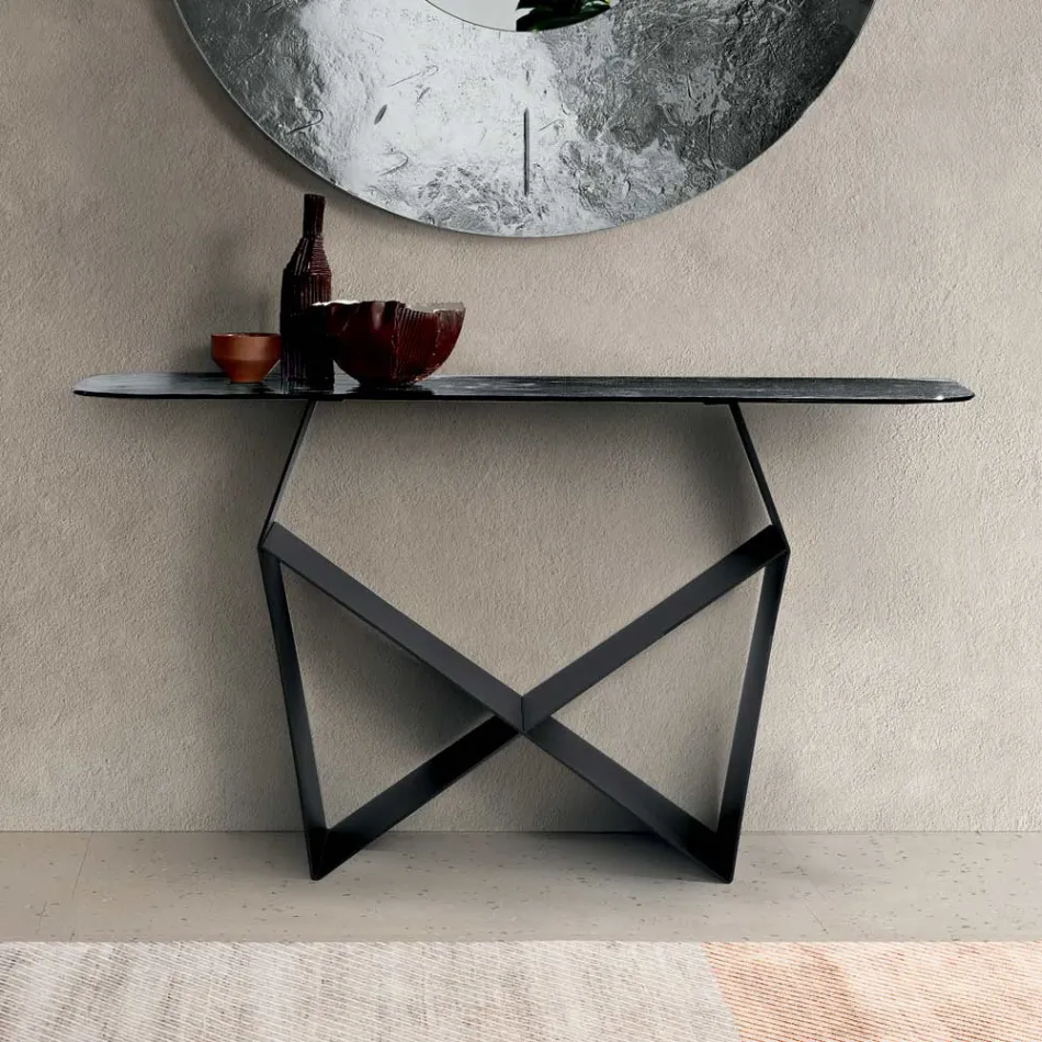 Konzolový stolek z kovu s tepanou skleněnou deskou se stříbrnou zadní stranou - Concordia Viadurini