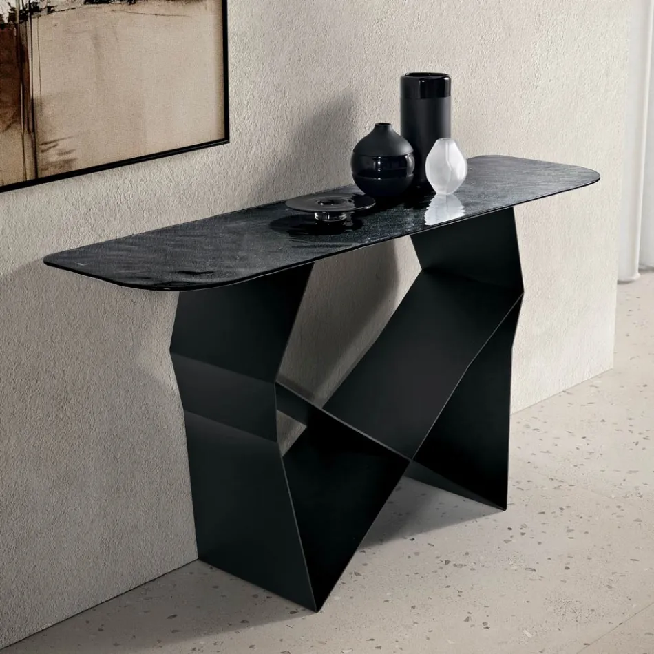 Konzolový stolek z kovu s tepanou skleněnou deskou se stříbrnou zadní stranou - Concordia Viadurini