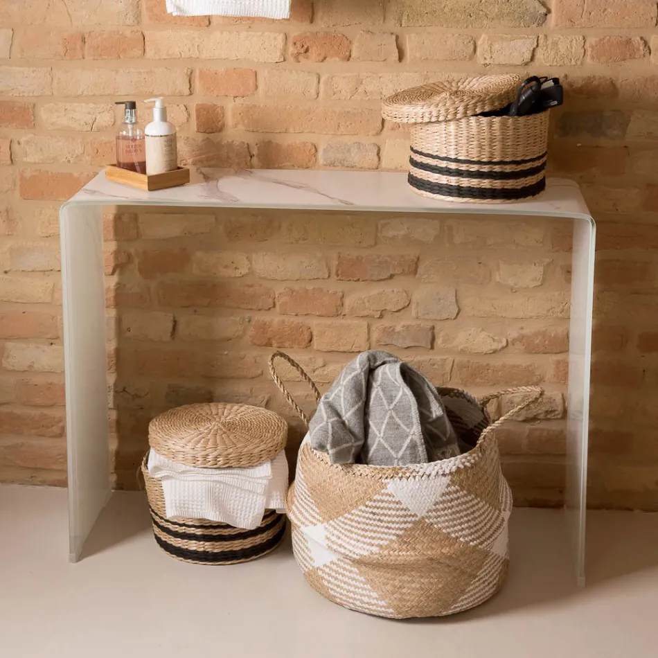 Konzolový stolek z tvrzeného zakřiveného skla o tloušťce 10 mm s mramorovým efektem - Agordo Viadurini