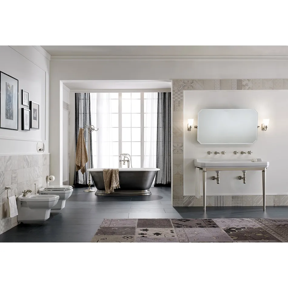 Koupelnová konzole L 135 cm s dvojitou miskou v keramice Vyrobeno v Itálii - Nausica Viadurini