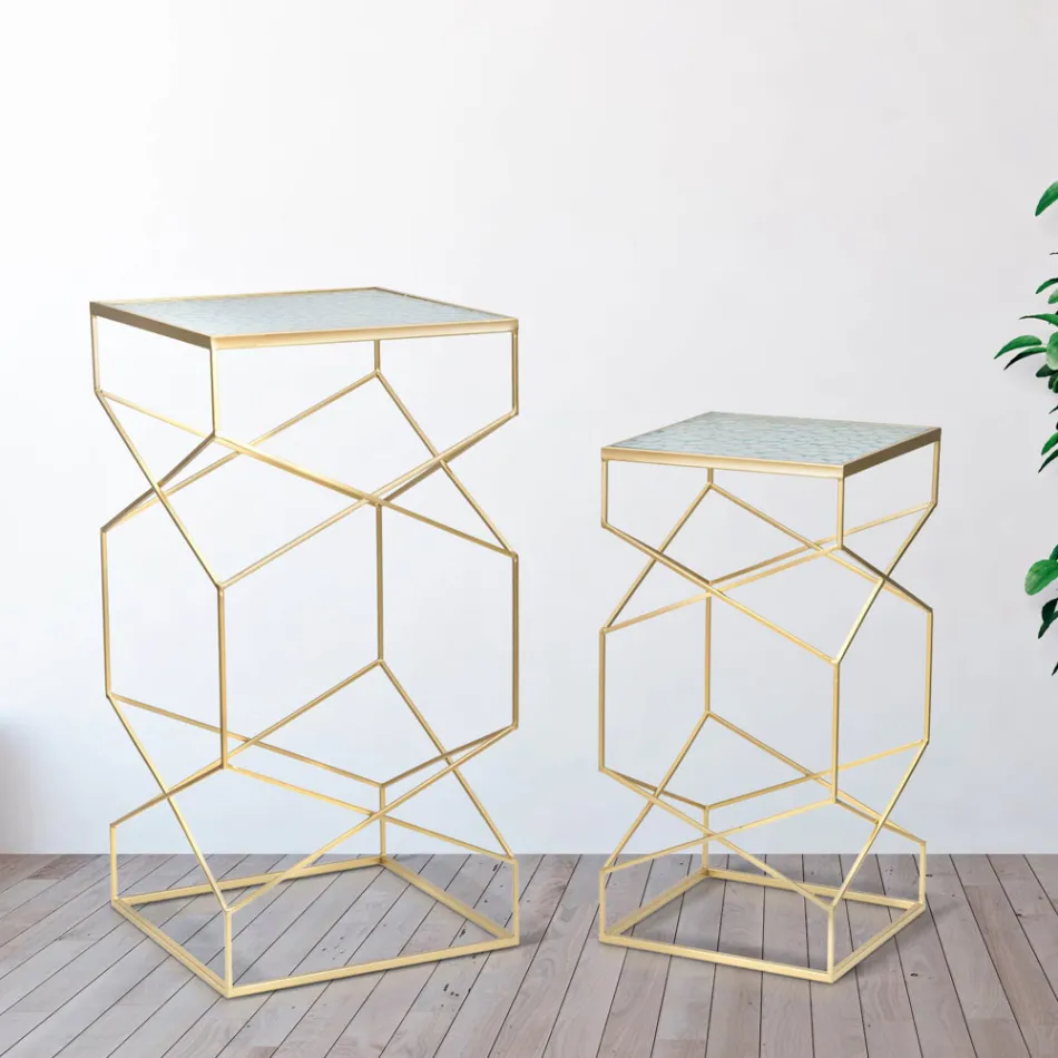 Dvojice čtvercových telefonních stolků ze zlatého železa a skla - papež Viadurini