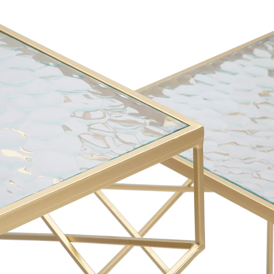 Dvojice čtvercových telefonních stolků ze zlatého železa a skla - papež Viadurini