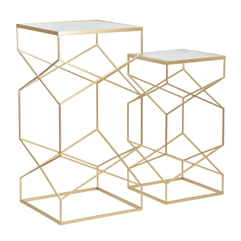 Dvojice čtvercových telefonních stolků ze zlatého železa a skla - papež Viadurini