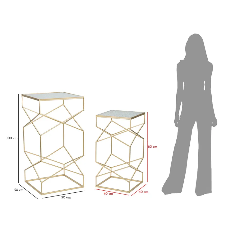 Dvojice čtvercových telefonních stolků ze zlatého železa a skla - papež Viadurini
