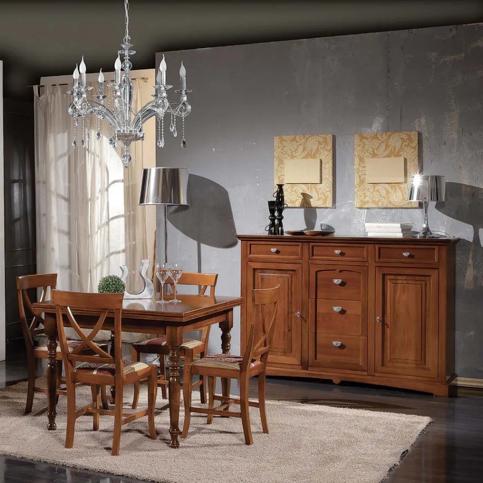 Klasický příborník ze dřeva Tanganika se 6 zásuvkami a 2 dvířky Made in Italy - Bragi Viadurini