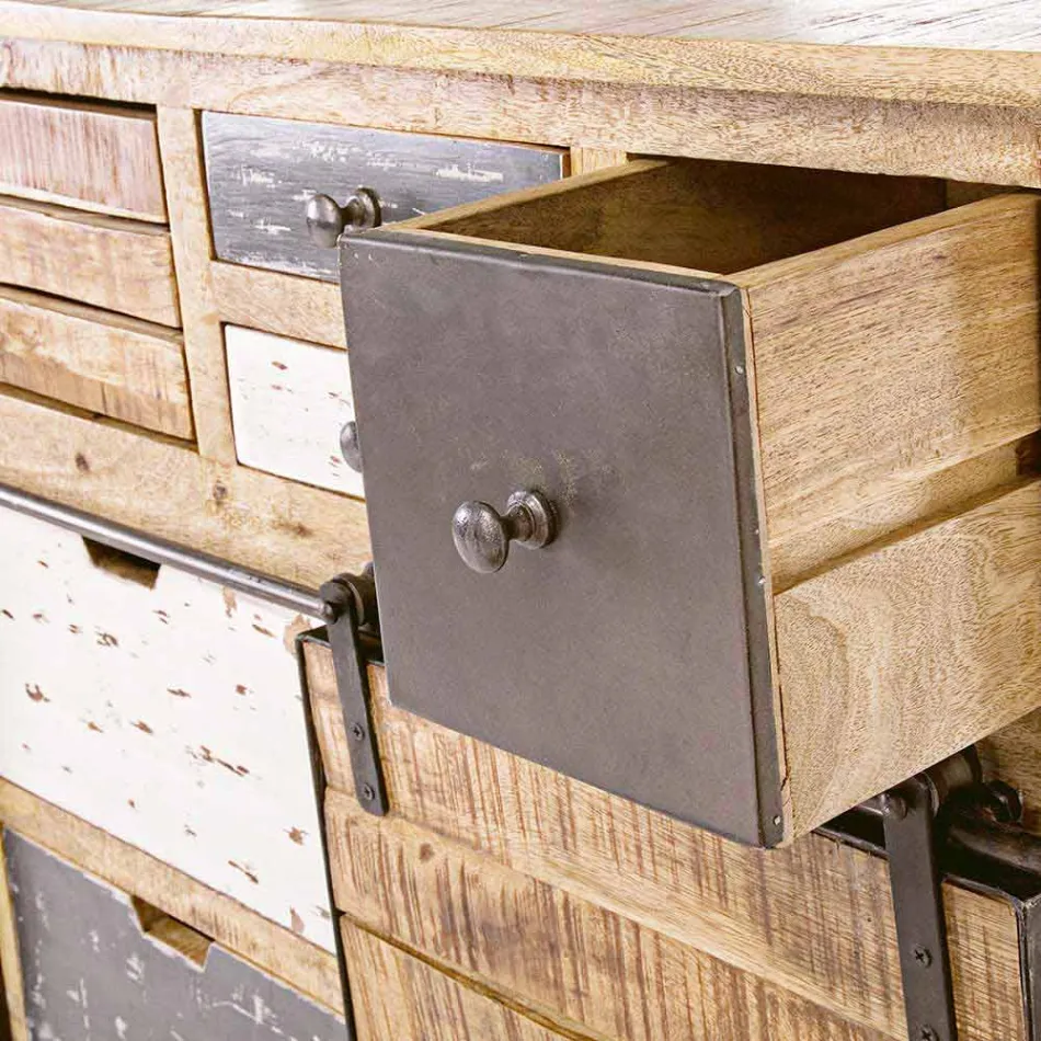 Příborník se strukturou v mangovém dřevě a oceli v průmyslovém stylu - Vidia Viadurini