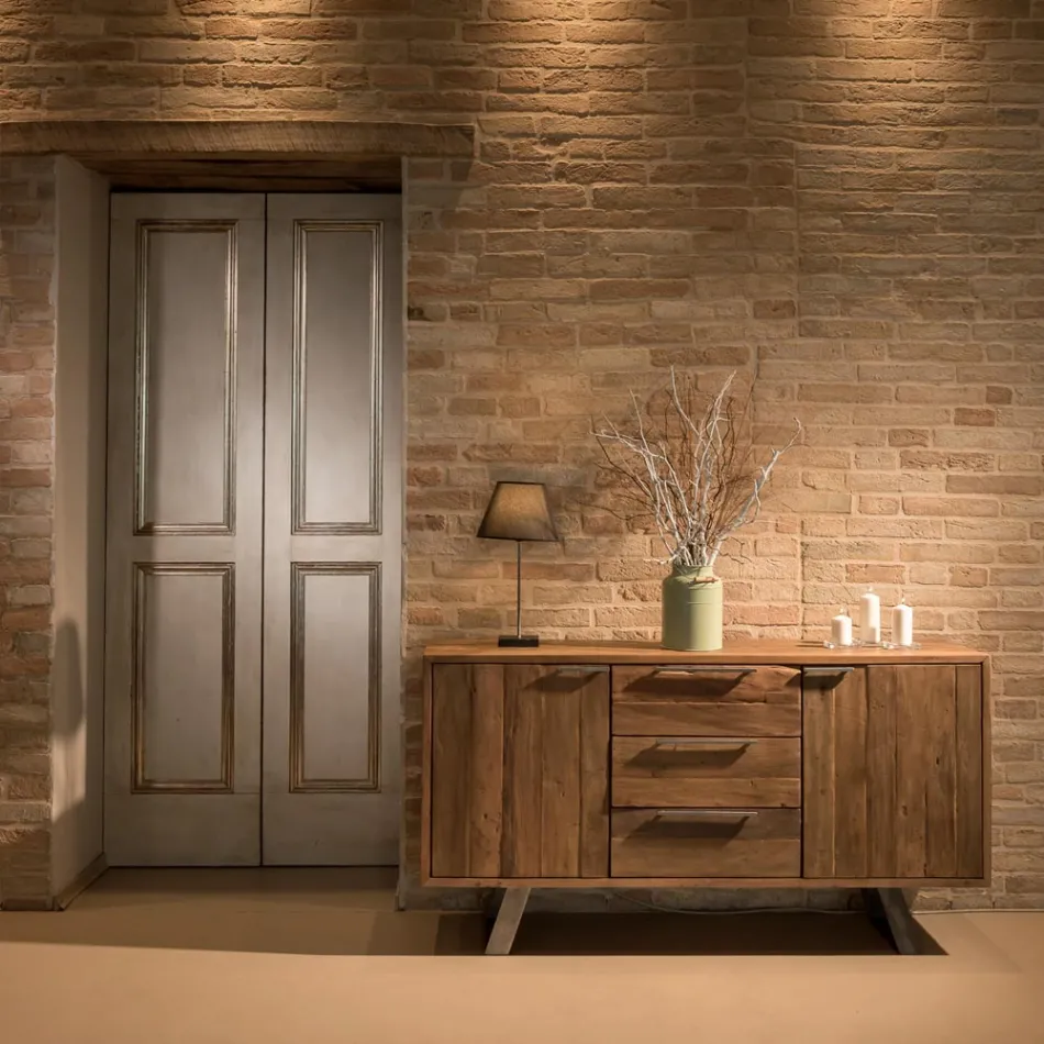 Příborník se 2 dvířky a 3 zásuvkami z recyklovaného tropického dřeva - Skluzavka Viadurini