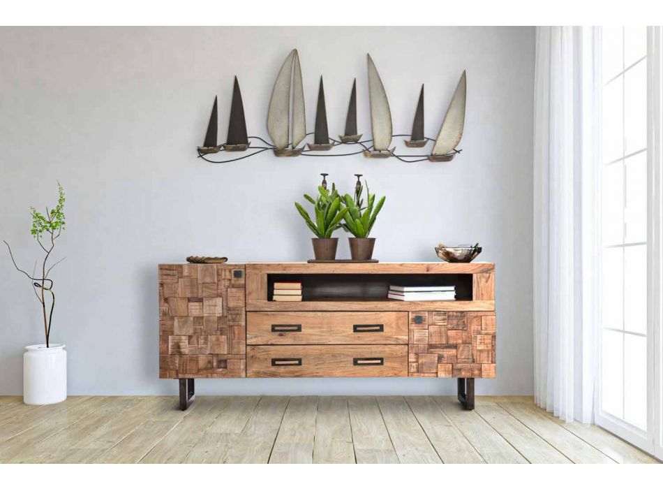 Designový příborník z akáciového dřeva a železa se 2 dveřmi a 2 zásuvkami - Dalya Viadurini